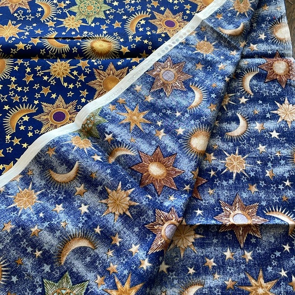 2 sewing fabric remnants, dark blue w/gold stars, moons; green/red/yellow swirl - Picture 4 of 6